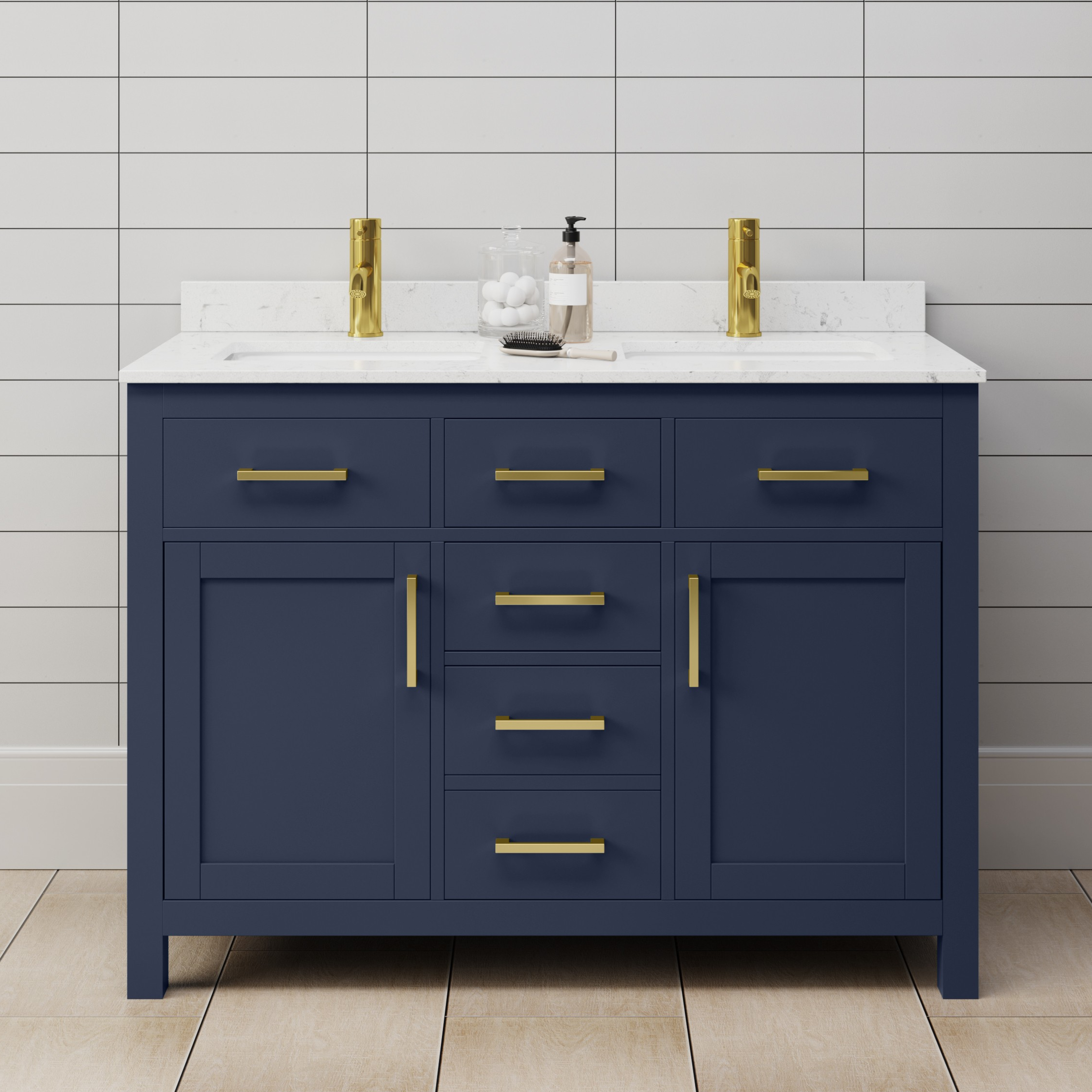 48 Inch Double Bathroom Vanity in Dark Blue, with Color Options, Countertop, Undermount Square Sinks, and Hardware Options