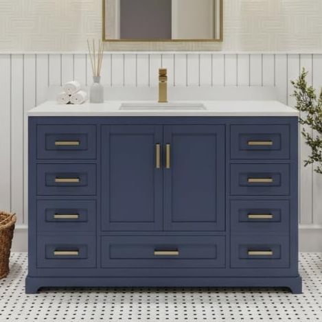 LV 42" Transitional Bath Vanity in Navy Blue with 3 Hardware Options, Base Only, and Top Option