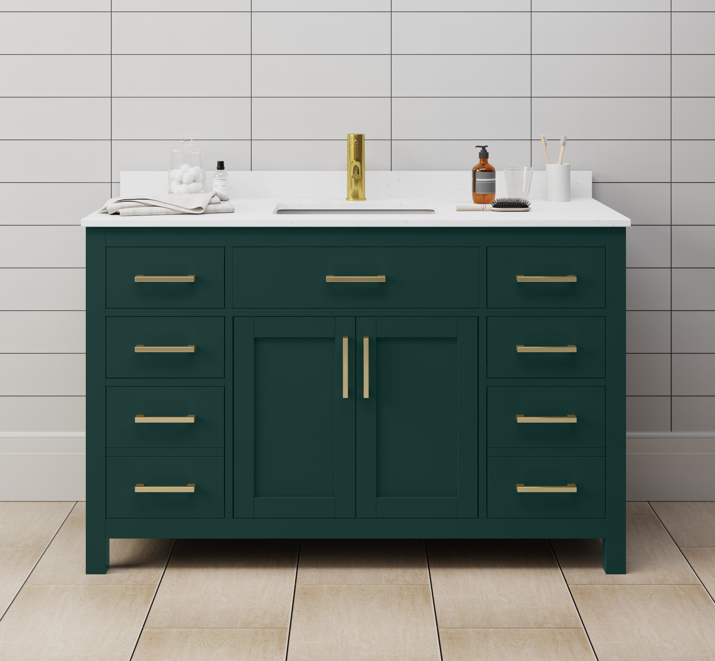 54 Inch Single Bathroom Vanity in Green, White Cultured Marble Countertop, Undermount Square Sink, Brushed Gold Trim