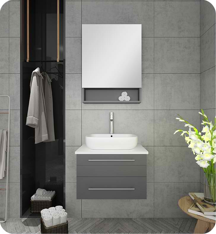 24" Gray Wall Hung Vessel Sink Modern Bathroom Vanity with Medicine Cabinet