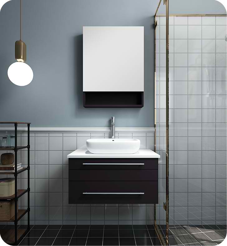 30" Espresso Wall Hung Vessel Sink Modern Bathroom Vanity with Medicine Cabinet