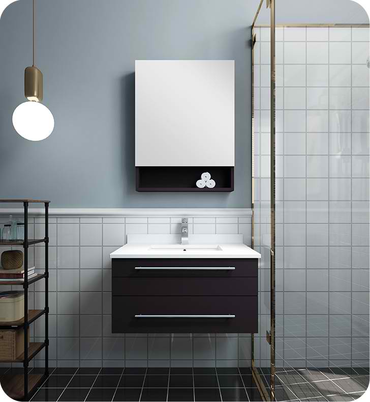 30" Espresso Wall Hung Undermount Sink Modern Bathroom Vanity with Medicine Cabinet