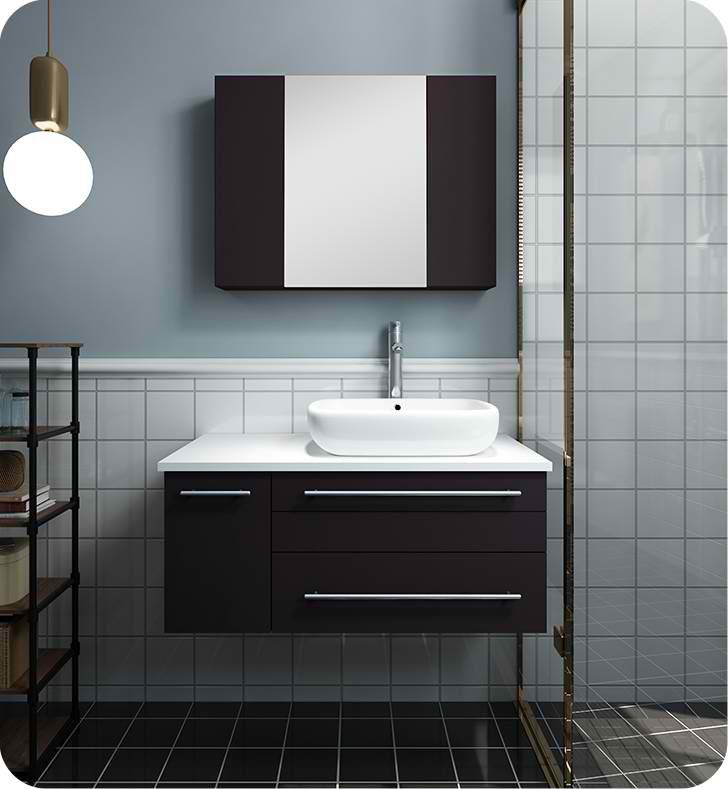 36" Espresso Wall Hung Vessel Sink Modern Bathroom Vanity with Medicine Cabinet - Left Version