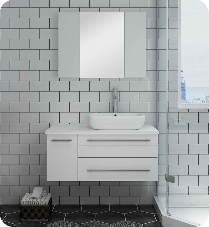 36" White Wall Hung Vessel Sink Modern Bathroom Vanity with Medicine Cabinet - Left Version