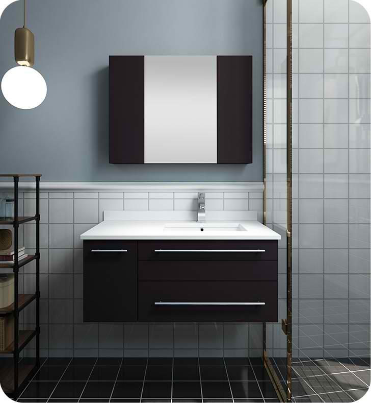 36" Espresso Wall Hung Undermount Sink Modern Bathroom Vanity with Medicine Cabinet - Left Version