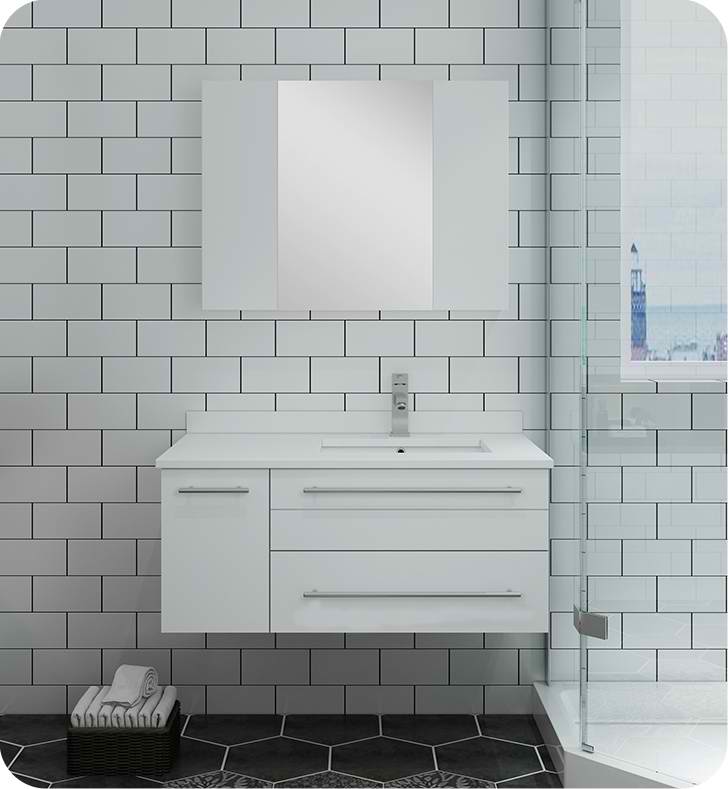 36" White Wall Hung Undermount Sink Modern Bathroom Vanity with Medicine Cabinet - Left Version