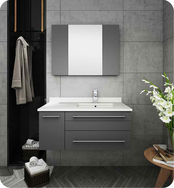 36" Gray Wall Hung Undermount Sink Modern Bathroom Vanity with Medicine Cabinet - Left Version