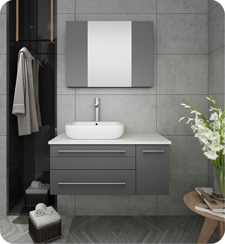 36" Gray Wall Hung Vessel Sink Modern Bathroom Vanity with Medicine Cabinet - Right Version