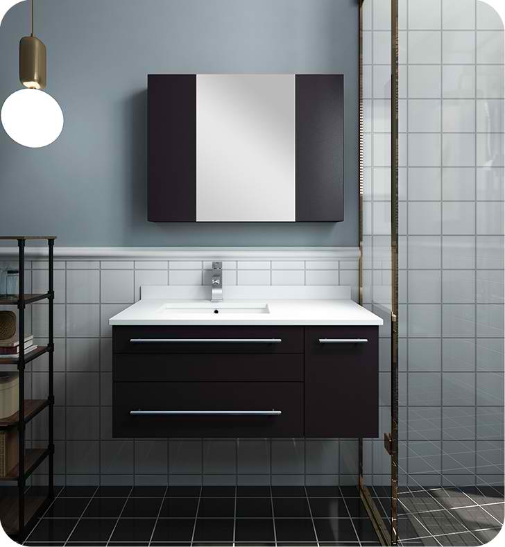 36" Espresso Wall Hung Undermount Sink Modern Bathroom Vanity with Medicine Cabinet - Right Version