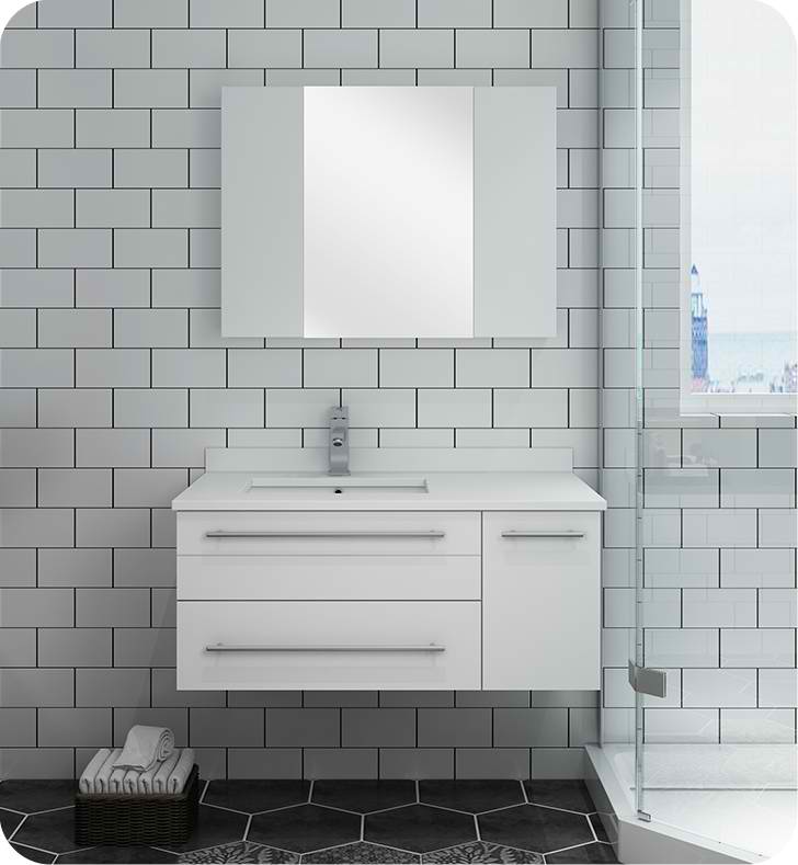 36" White Wall Hung Undermount Sink Modern Bathroom Vanity with Medicine Cabinet - Right Version
