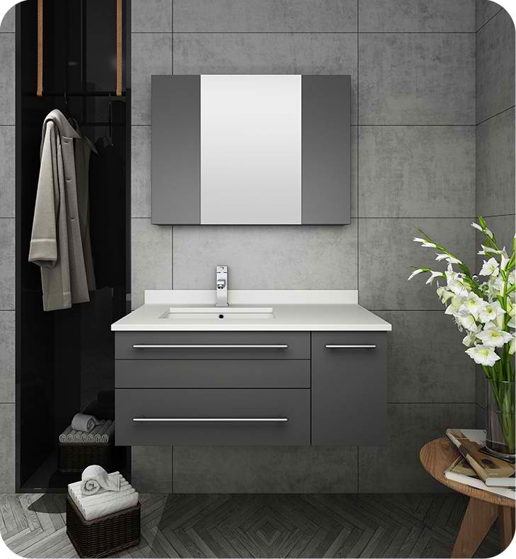 36" Gray Wall Hung Undermount Sink Modern Bathroom Vanity with Medicine Cabinet - Right Version