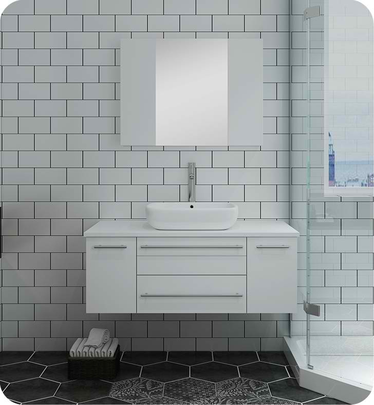 42" White Wall Hung Vessel Sink Modern Bathroom Vanity with Medicine Cabinet