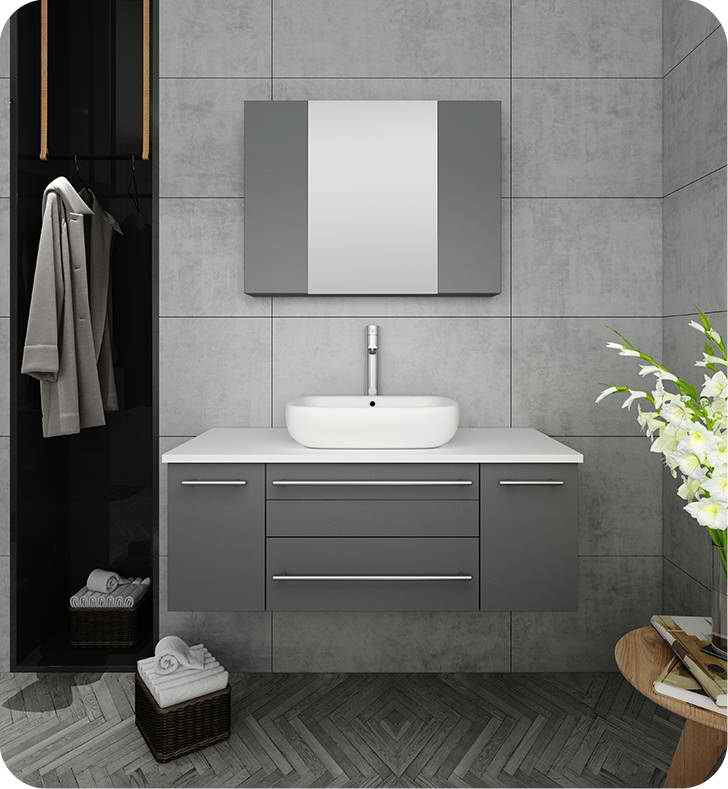 42" Gray Wall Hung Vessel Sink Modern Bathroom Vanity with Medicine Cabinet