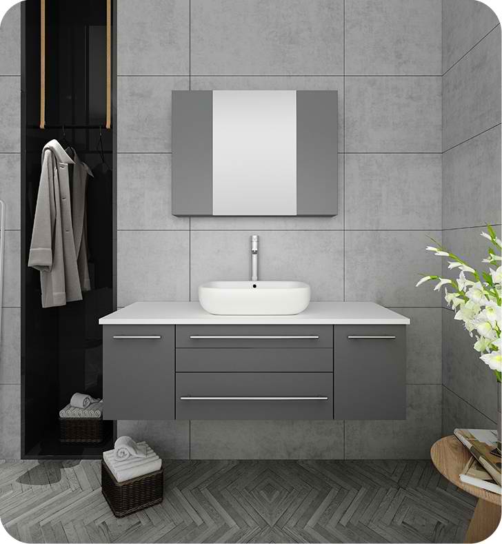 48" Gray Wall Hung Vessel Sink Modern Bathroom Vanity with Medicine Cabinet
