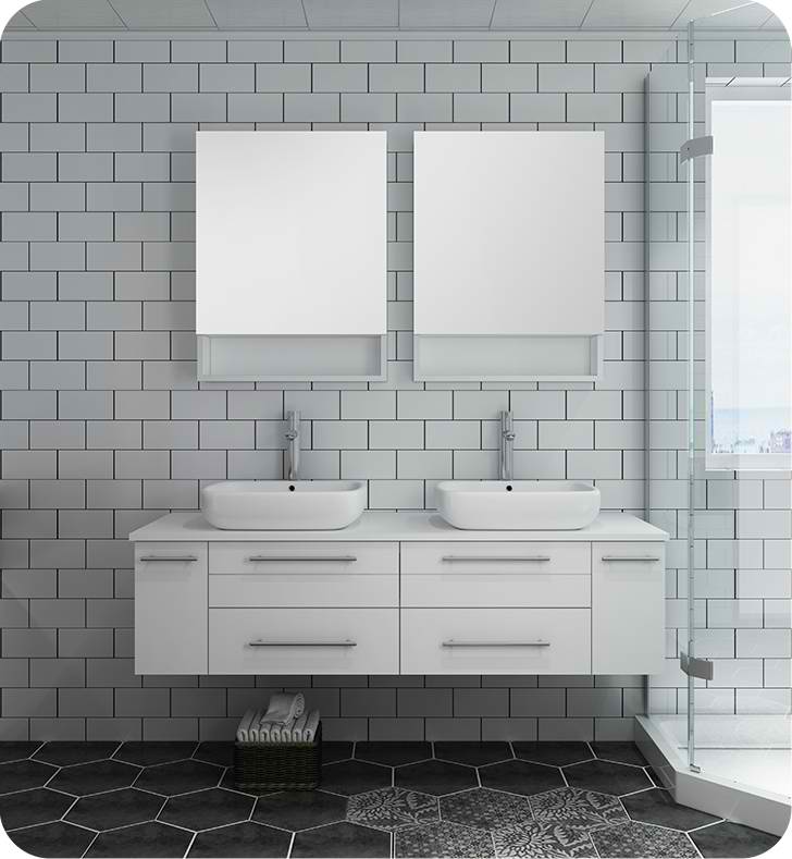 60" White Wall Hung Double Vessel Sink Modern Bathroom Vanity with Medicine Cabinets