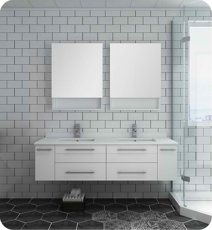 60" White Wall Hung Double Undermount Sink Modern Bathroom Vanity with Medicine Cabinets