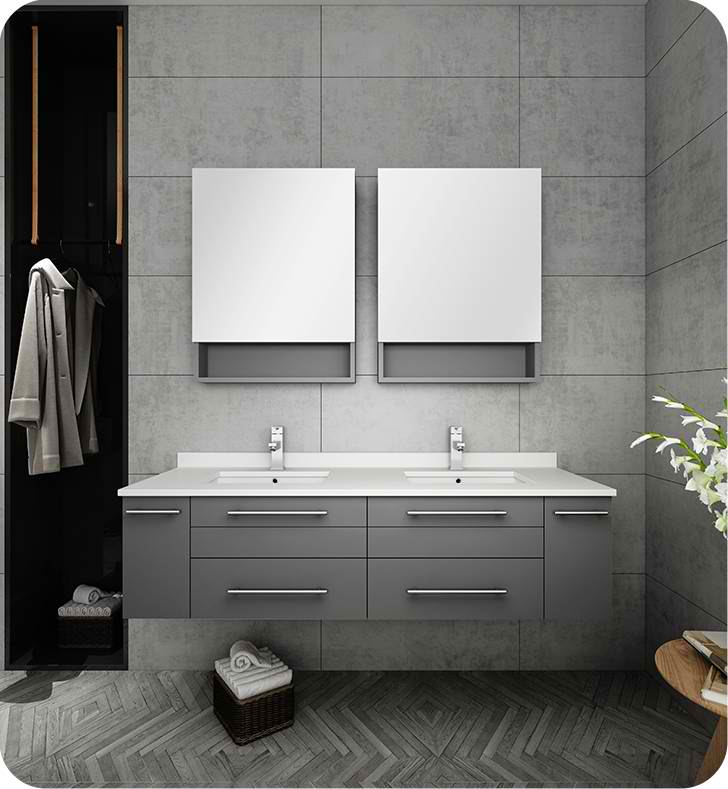 60" Gray Wall Hung Double Undermount Sink Modern Bathroom Vanity with Medicine Cabinets
