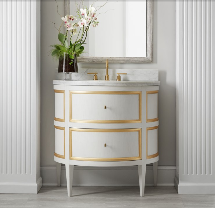 Covington Half Round 36" Antique White Vanity  with White Carrara Marble and Solid Brass Hardware Covington Half Round 36" Antique White Vanity  with White Carrara Marble and Solid Brass Hardware