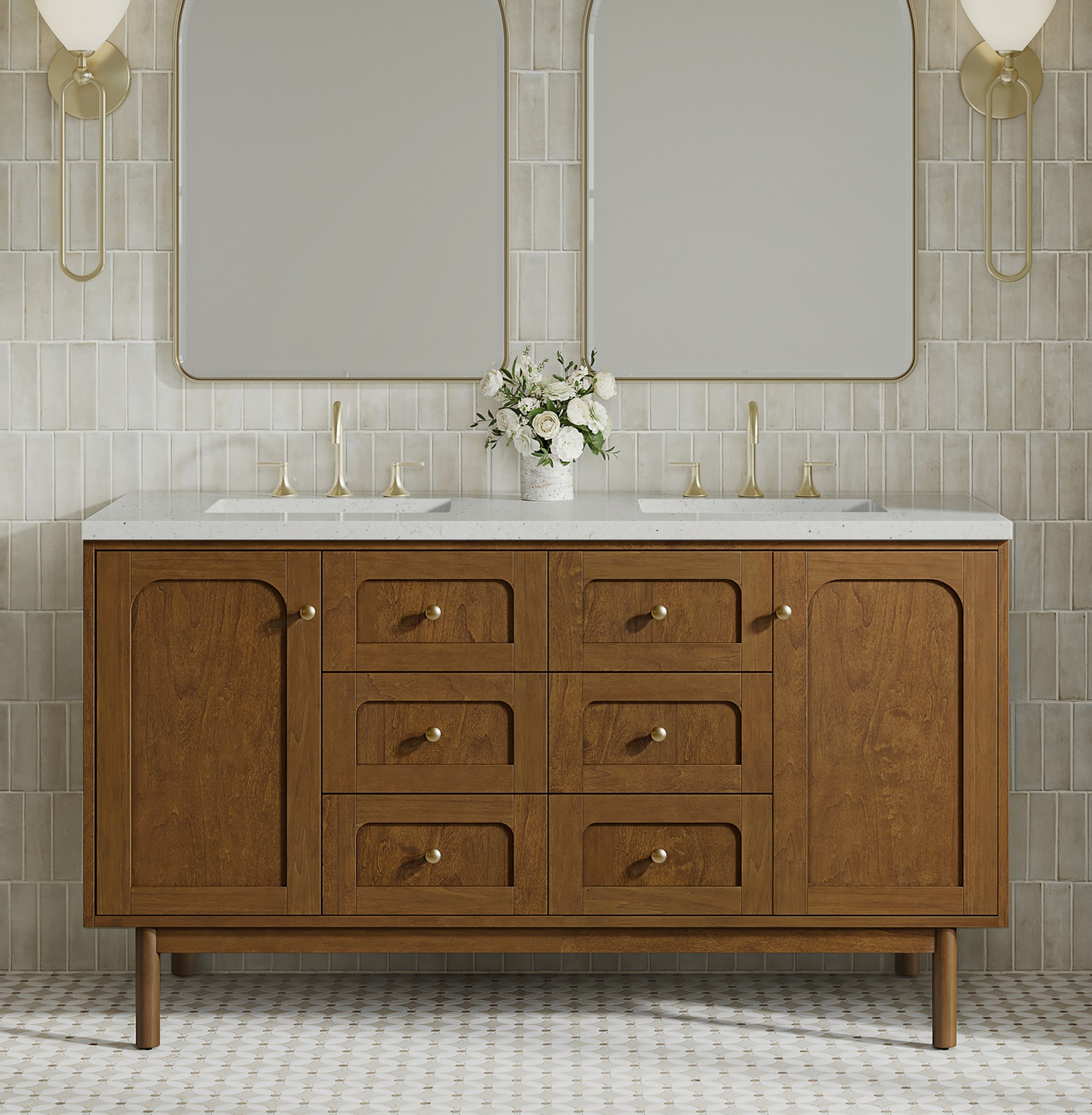 James Martin 60" Double Vanity Cabinet, Honey Oak Finish Dual-mounted with Countertop Options