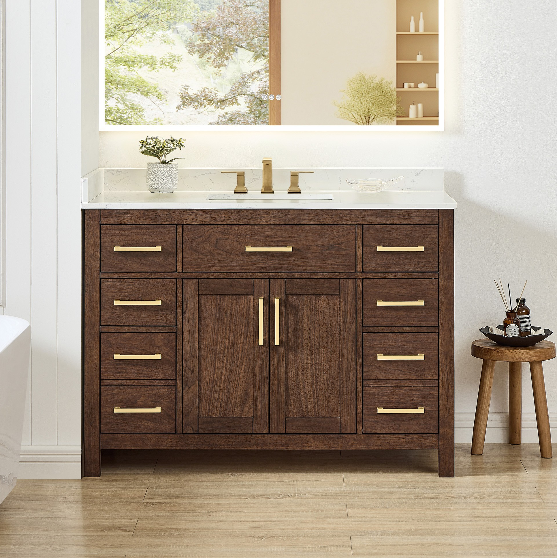 48 Inch Single Bathroom Vanity in Dark Walnut, Brushed Gold Trim with 3 Hardware Options and Countertop Options