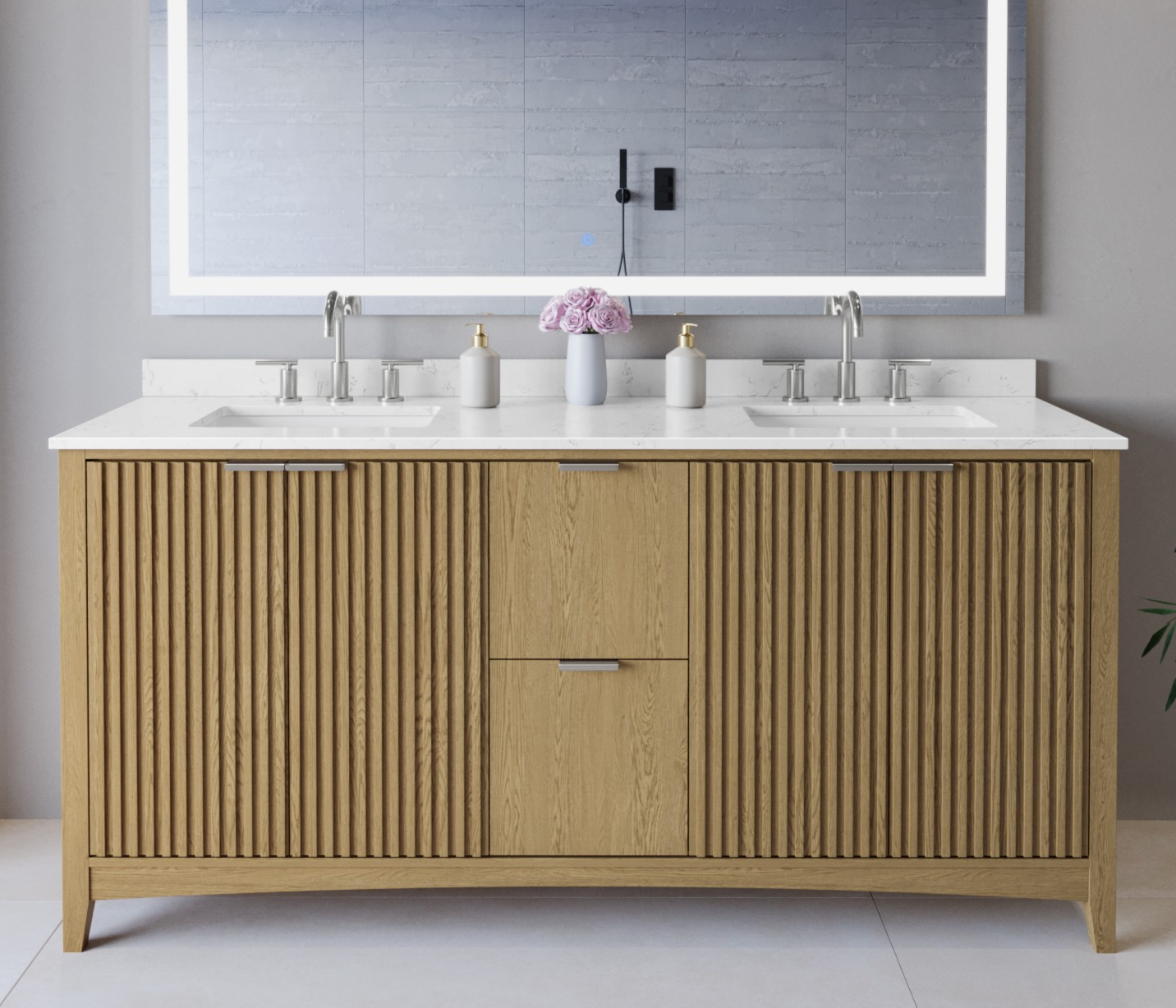 72 Inch Double Bathroom Vanity in Natural Oak, Brushed Nickel Trim with 3 Hardware Options and Countertop Options