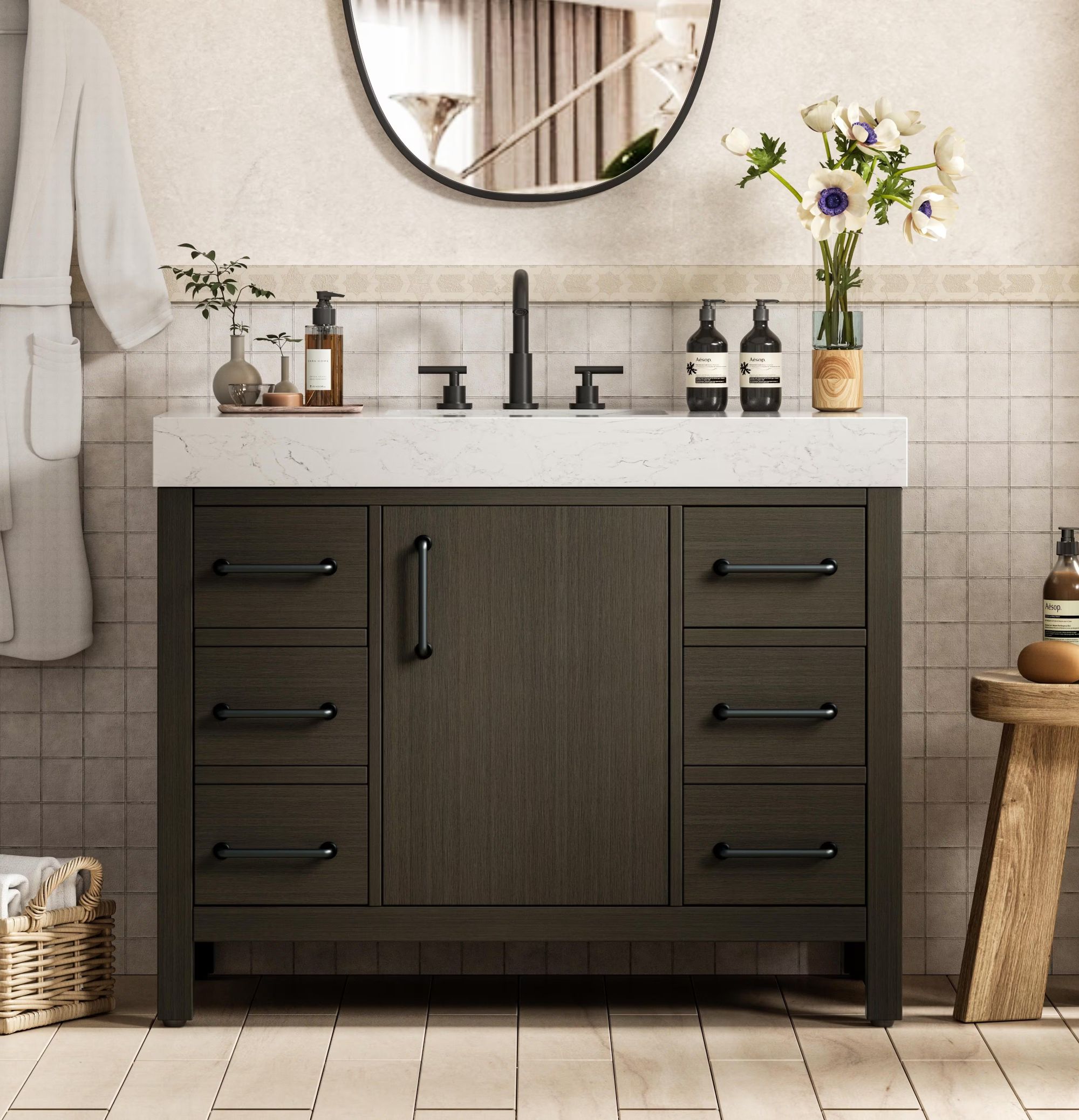 Modern Fitting 42" Transitional Bathroom Vanity in Mocha Brown with 4 Color Options and Backsplash Option
