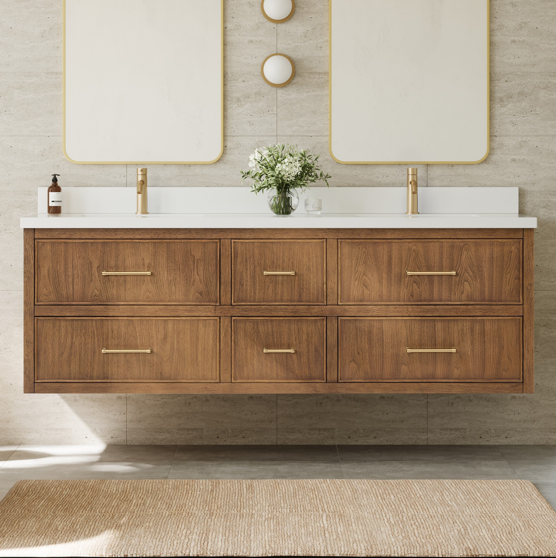 72" Double Wall Mounted Bathroom Vanity in Toasted Walnut, Base only, Satin Bronze Trim with Countertop Options and Hardware Option