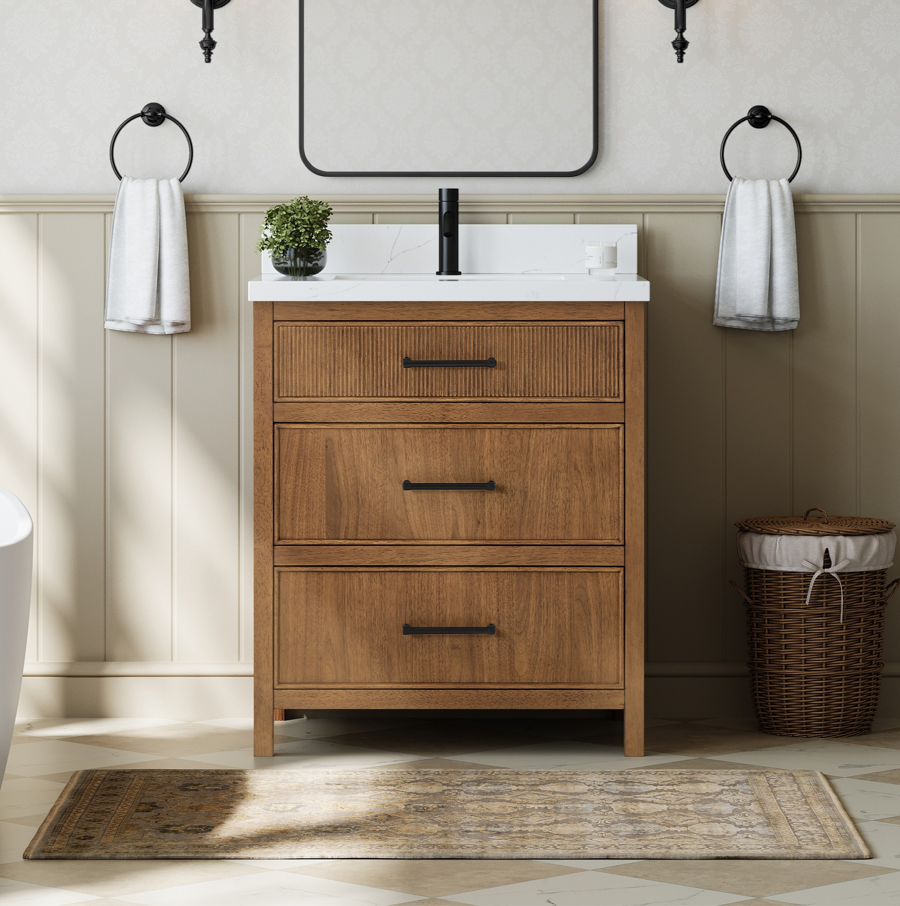 30" Single Bathroom Vanity in Toasted Walnut, Base only, Matte Black Trim, with Countertop Options and Hardware Options 