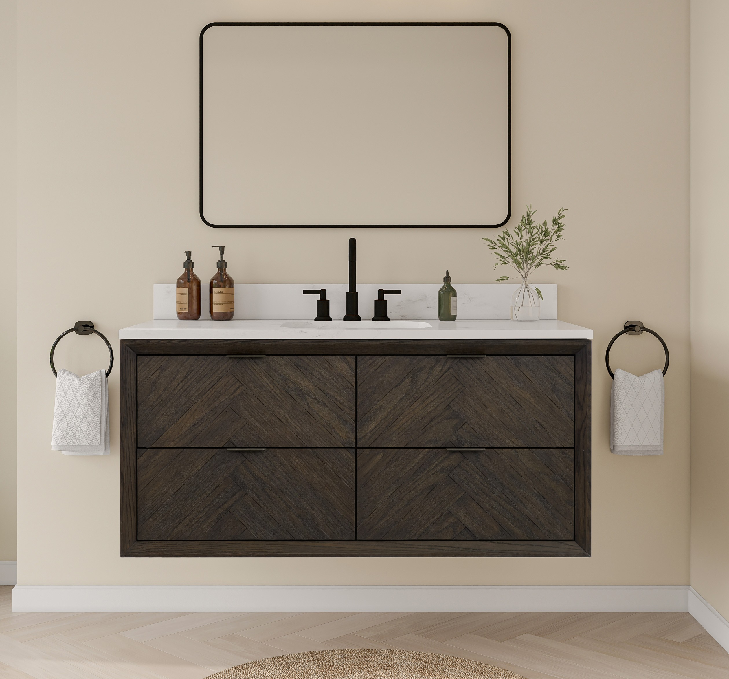 Issac Edwards Rustic Modern 48" Bathroom Vanity in Brown Oak with 1" Thick White Stone Top