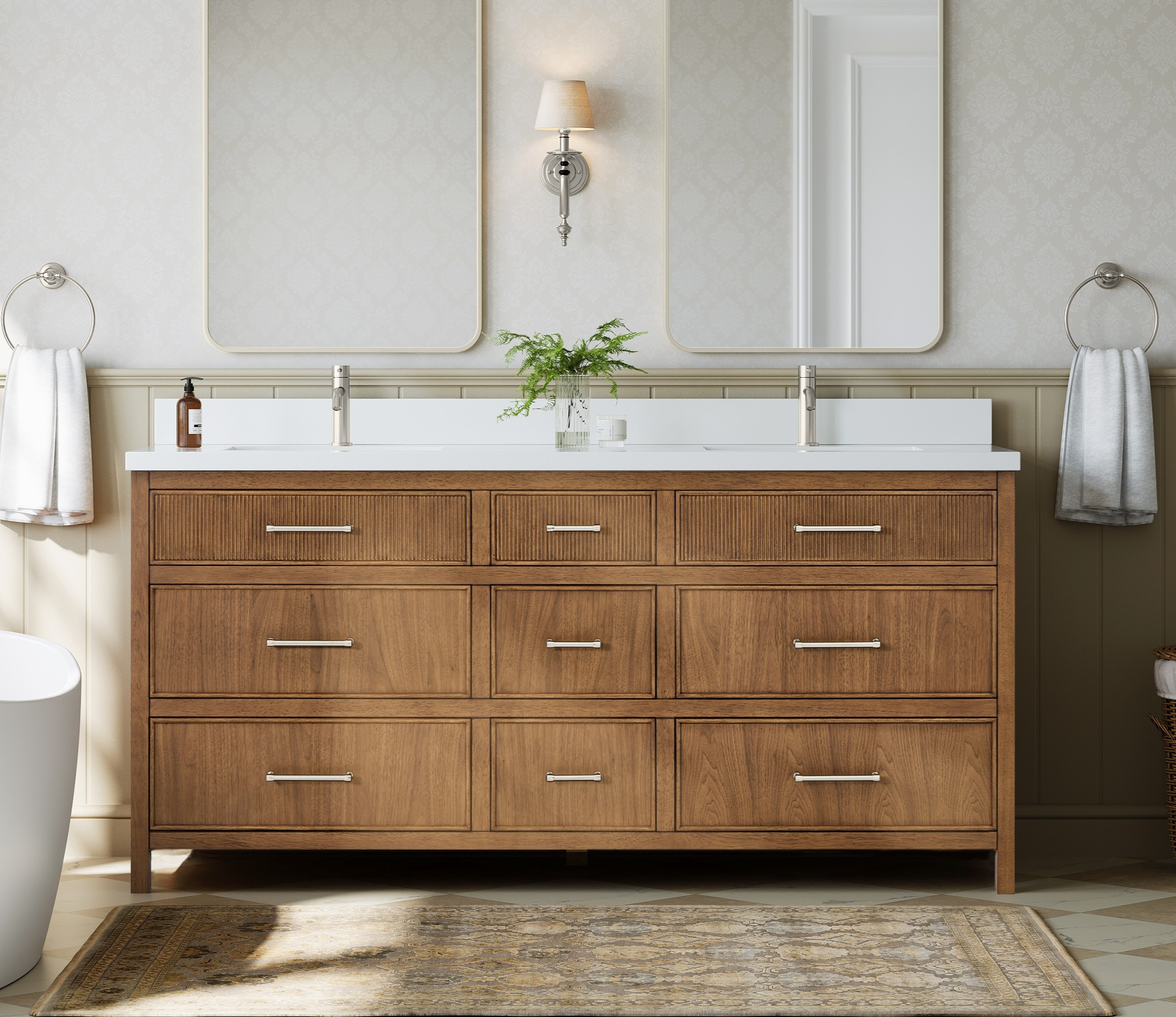 72" Double Bathroom Vanity in Toasted Walnut, Base only, Brushed Nickel Trim with Countertop Options and Hardware Option