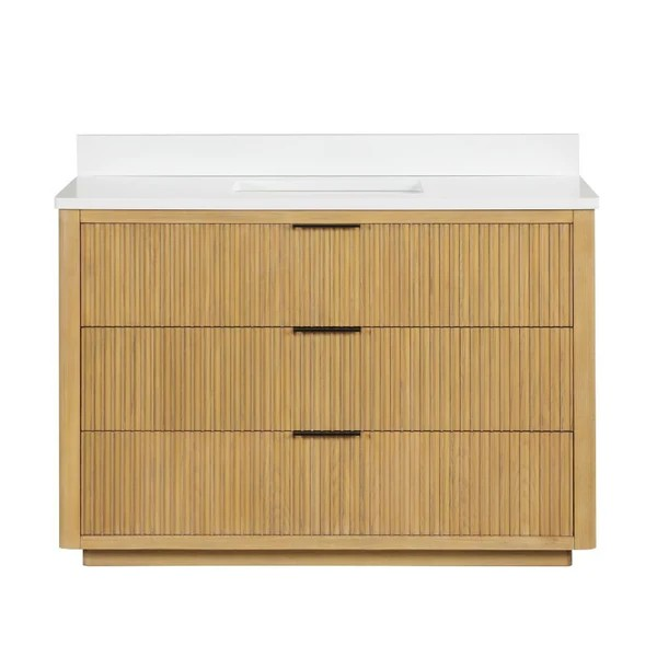 48 Inch Modern Light Oak Single Sink Bathroom Vanity With White Quartz Top with Backsplash Option