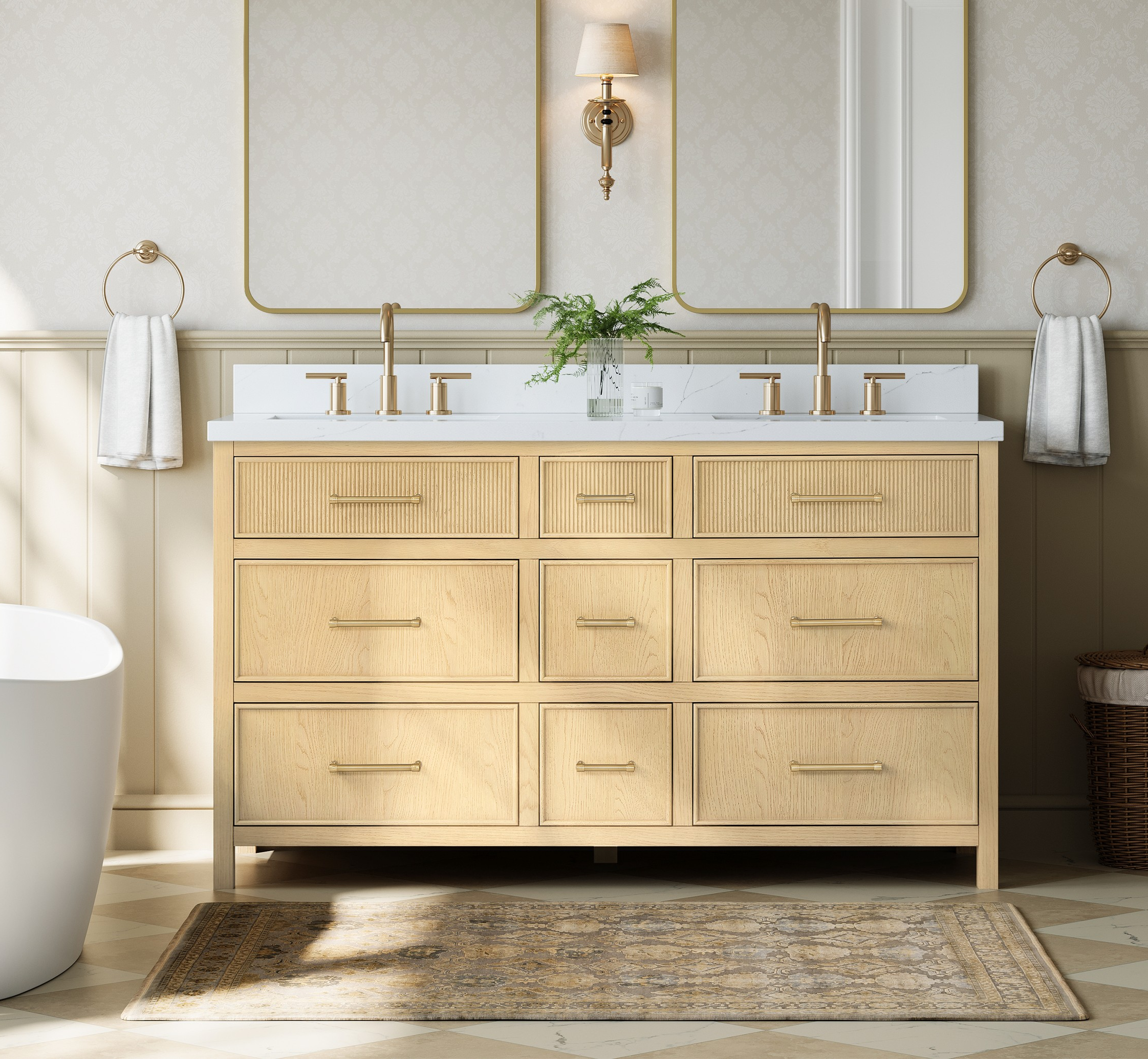 60" Double Bathroom Vanity in Scandinavian Oak, Base only, Satin Bronze Trim with Countertop Options and Hardware Option