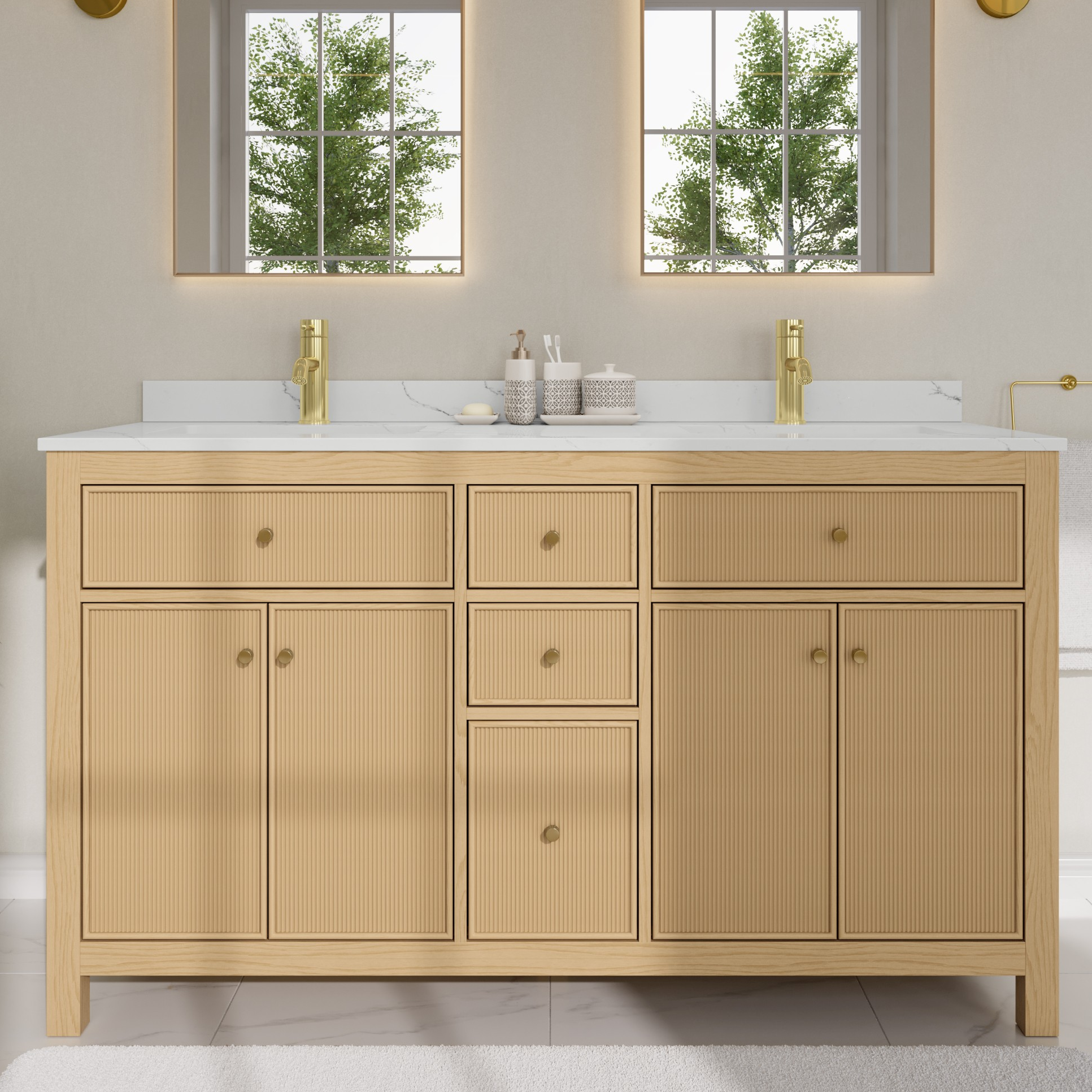 60 Inch Double Bathroom Vanity in Tanned Oak, Brushed Gold Trim with 3 Hardware Options and Countertop Options