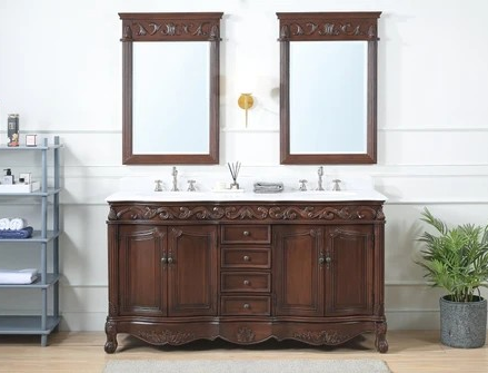 64" Traditional Freestanding Brown Bathroom Vanity, Double Sink, Marble Top, with Backsplash Option and Matching Mirror Option