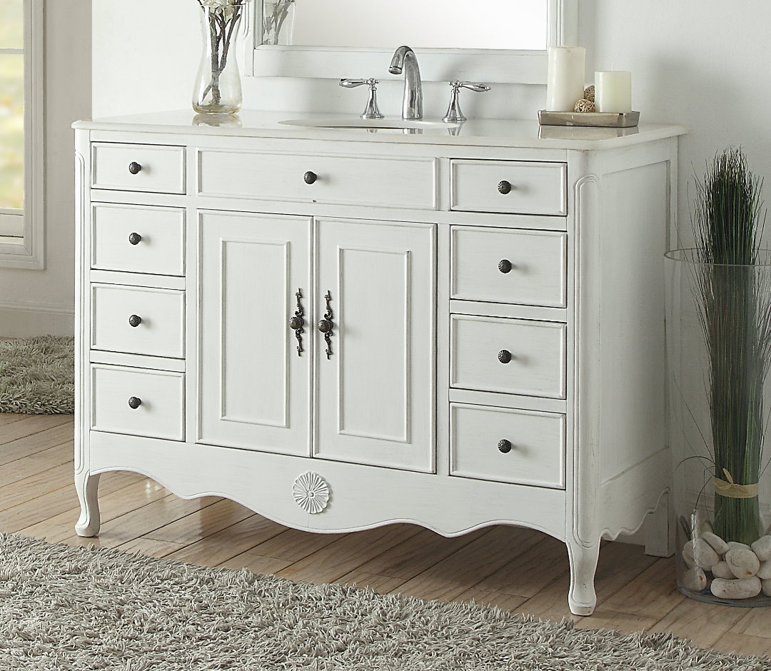 46.5" Antique white Single Bathroom Sink Vanity with White Marble Counter Top
