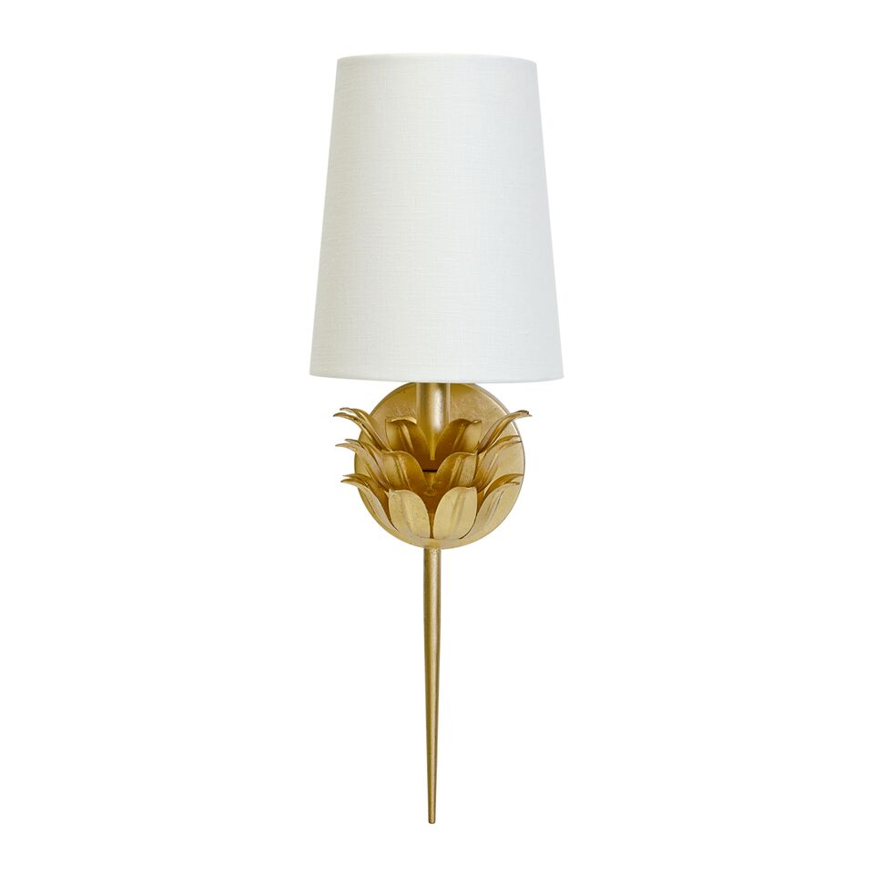 Sconce with 3 Layer Leaf Motif & White Linen Shade with Silver or Gold Leaf One Arm Option