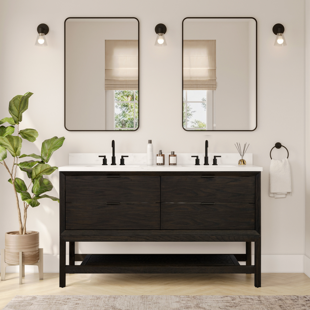 Issac Edwards Rustic Modern 60" Double Vanity Bathroom in Brown Oak Finish KD on Legs with 1" Thick White Stone Top