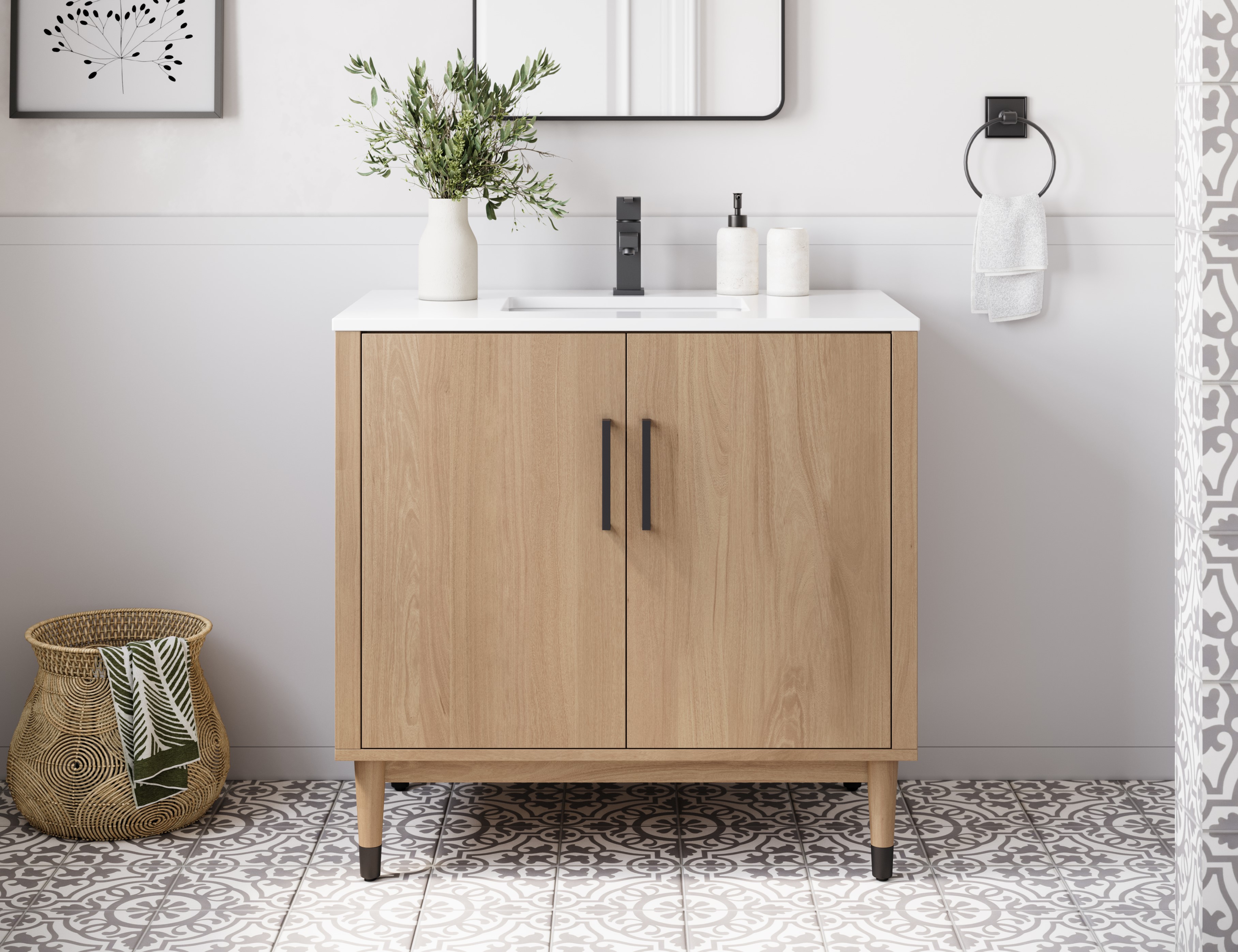 36" Freestanding Bathroom Cabinet with Top & Sink in Sunburst Oak 36" Freestanding Bathroom Cabinet with Top & Sink in Sunburst Oak