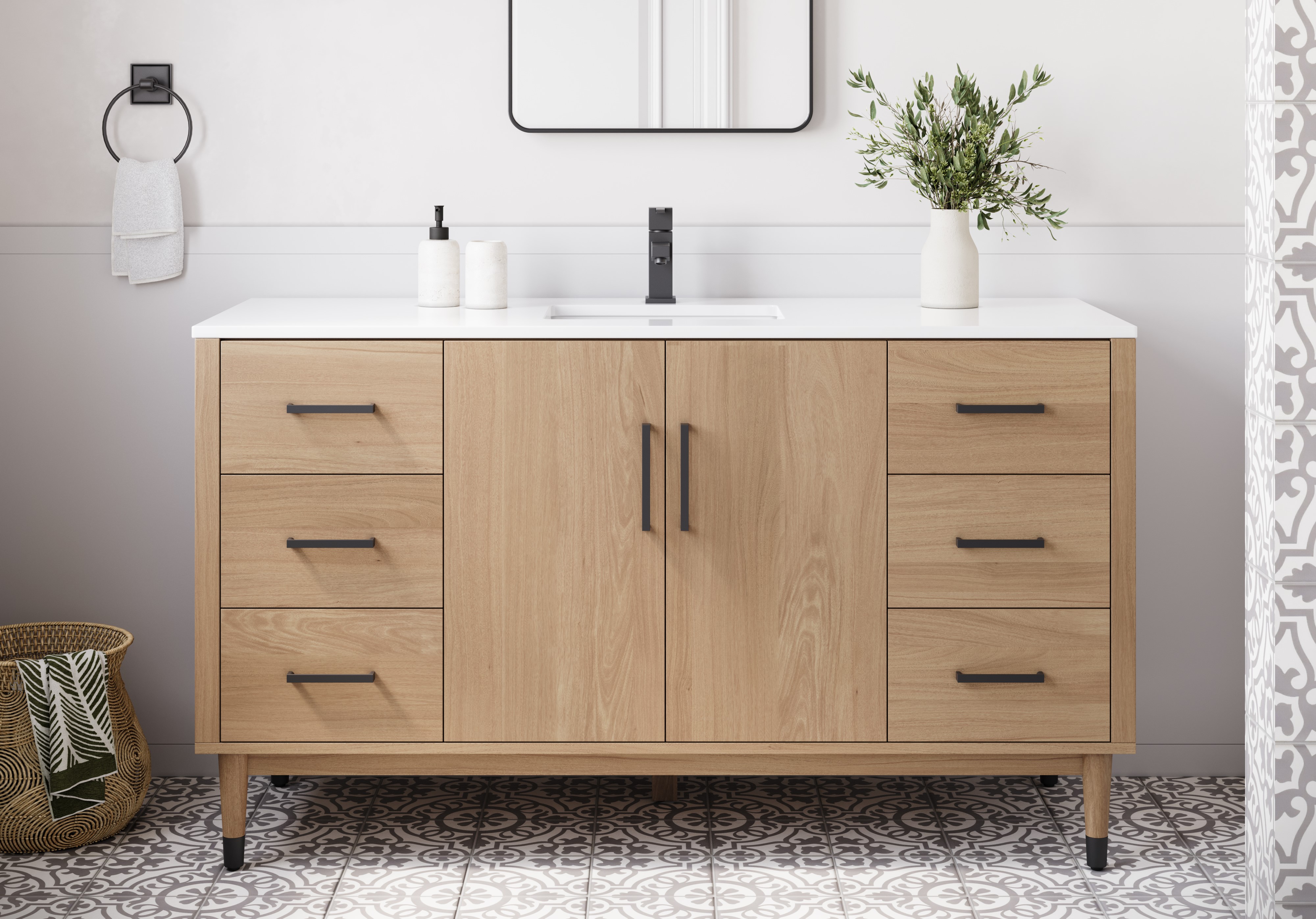 60" Freestanding Bathroom Cabinet with Top & Sink in Mocha Birch