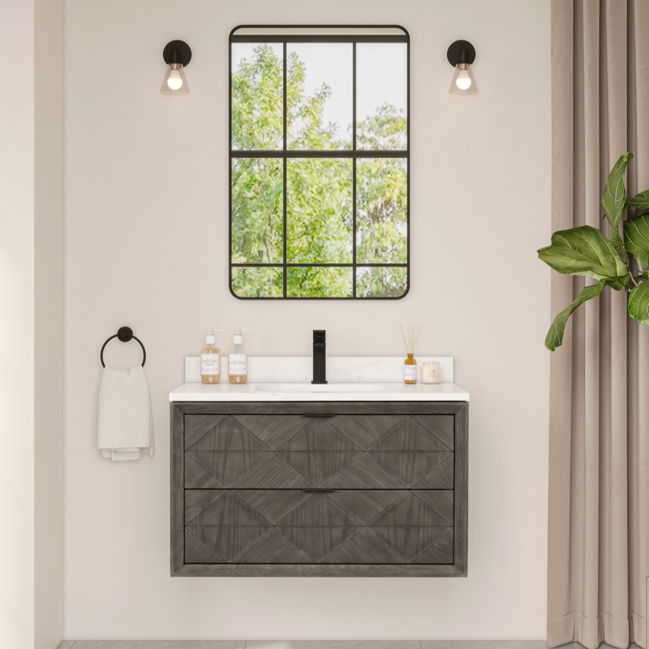Issac Edwards Rustic Modern 36" Wall Mounted Bathroom Vanity in Grey Oak Finish with 1" Thick White Stone Top