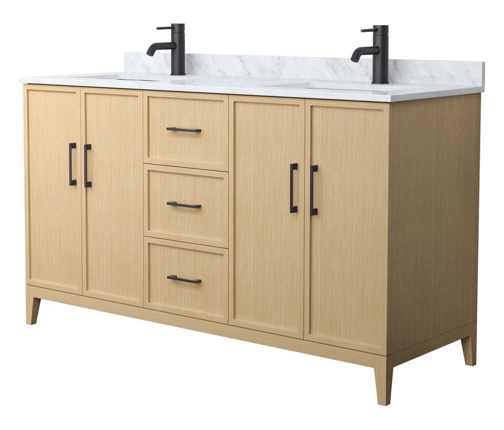 60" Transitional Double Vanity Base in White Oak, 7 Top Options with 2 Hardware Option