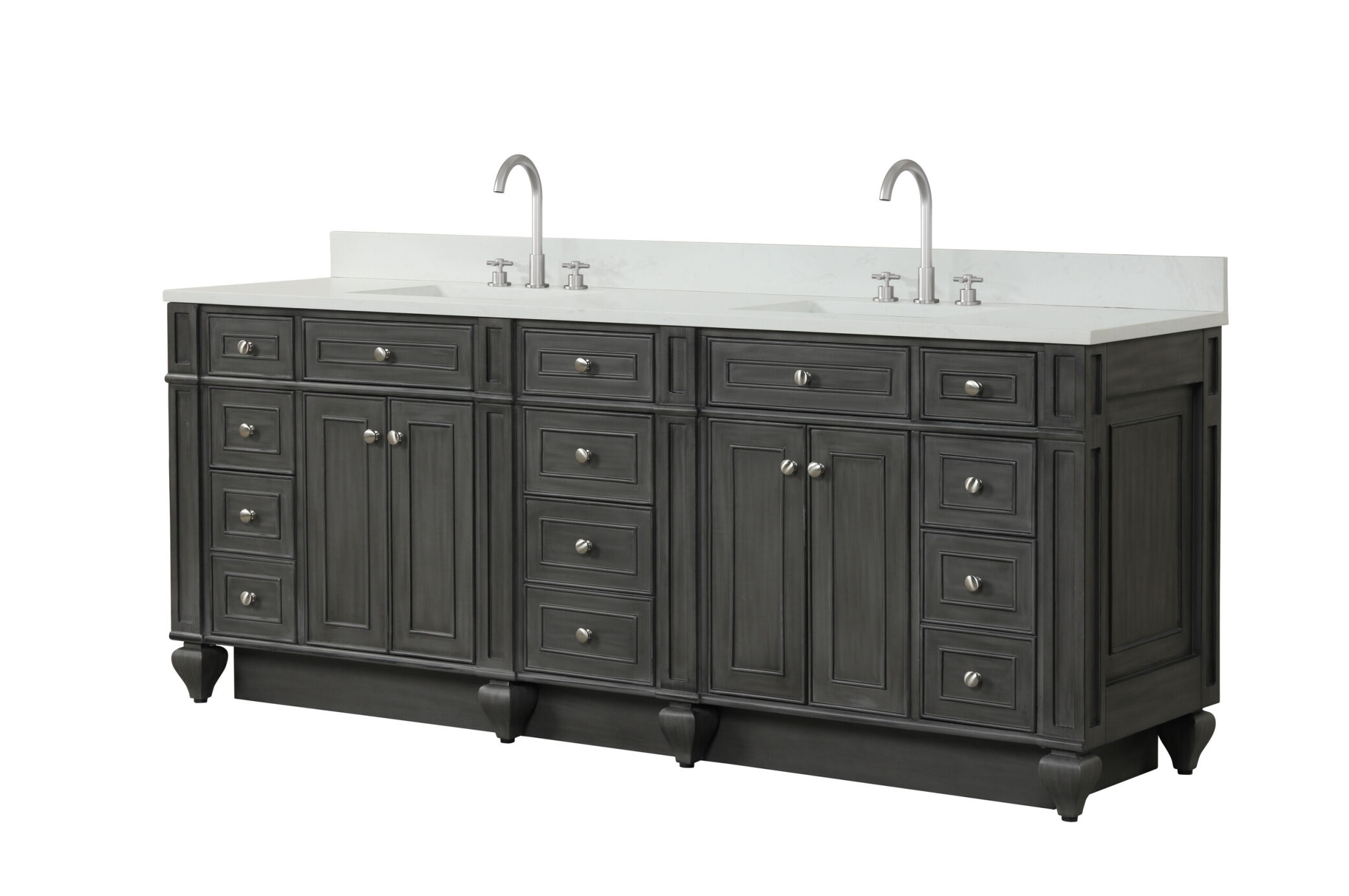 Traditional 84" Double Sink Vanity with 0.75" Thick White Quartz Countertop in Grey Finish 