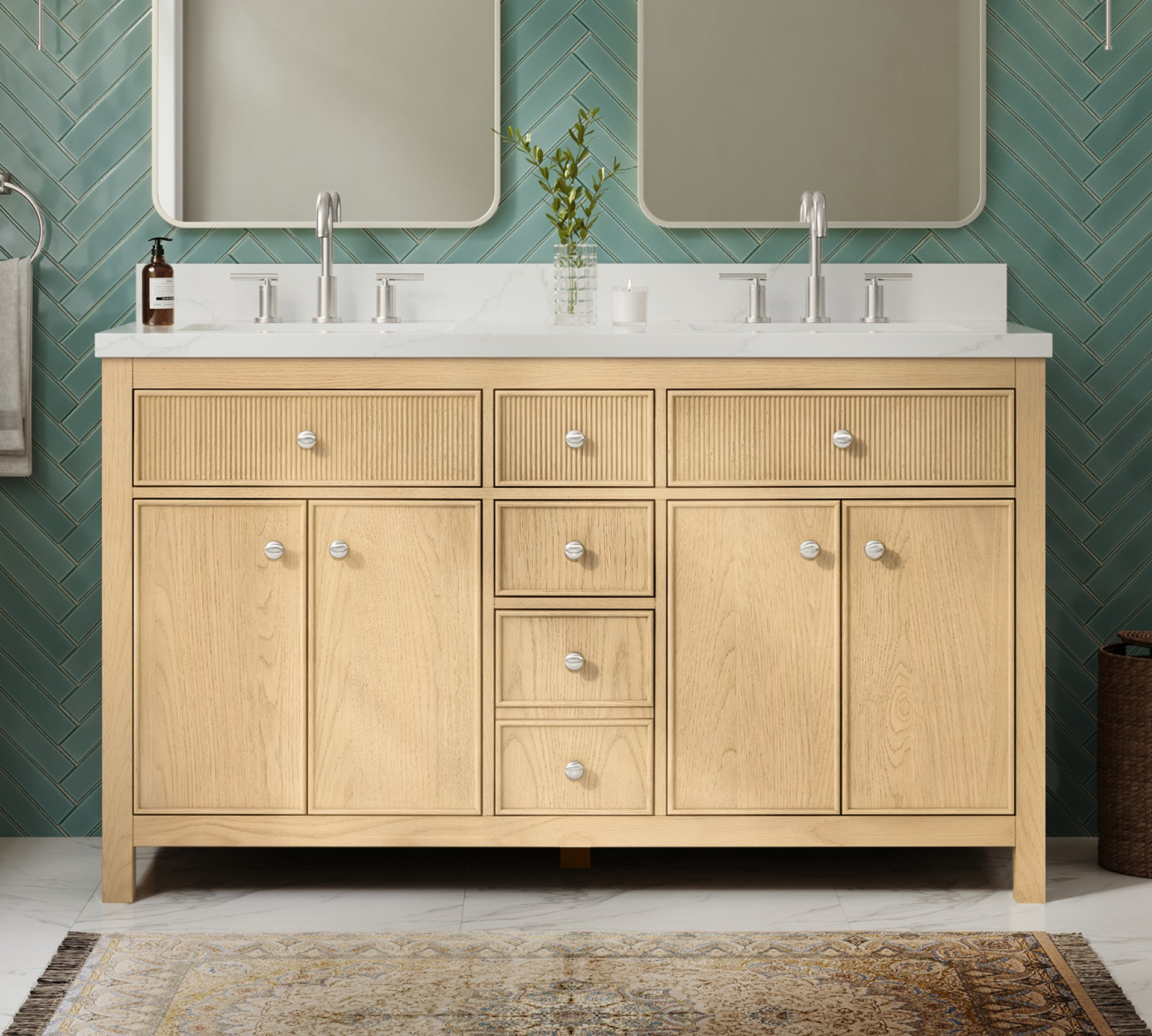 60" Double Bathroom Vanity in Scandinavian Oak, Giotto Quartz Countertop, Undermount Square Sinks (3-Hole), with Countertop Options and Hardware Option