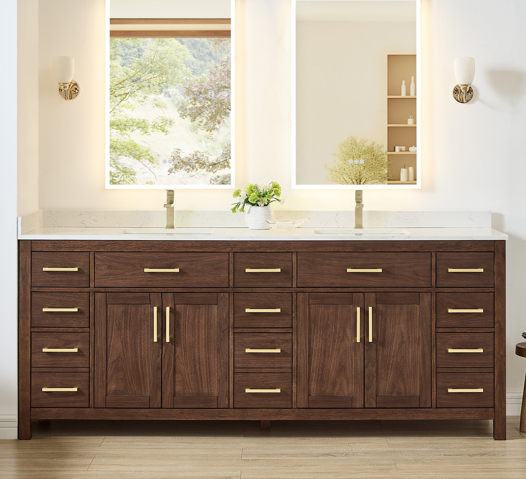 84 Inch Double Bathroom Vanity in Dark Walnut, Brushed Gold Trim with 3 Hardware Options and Countertop Options