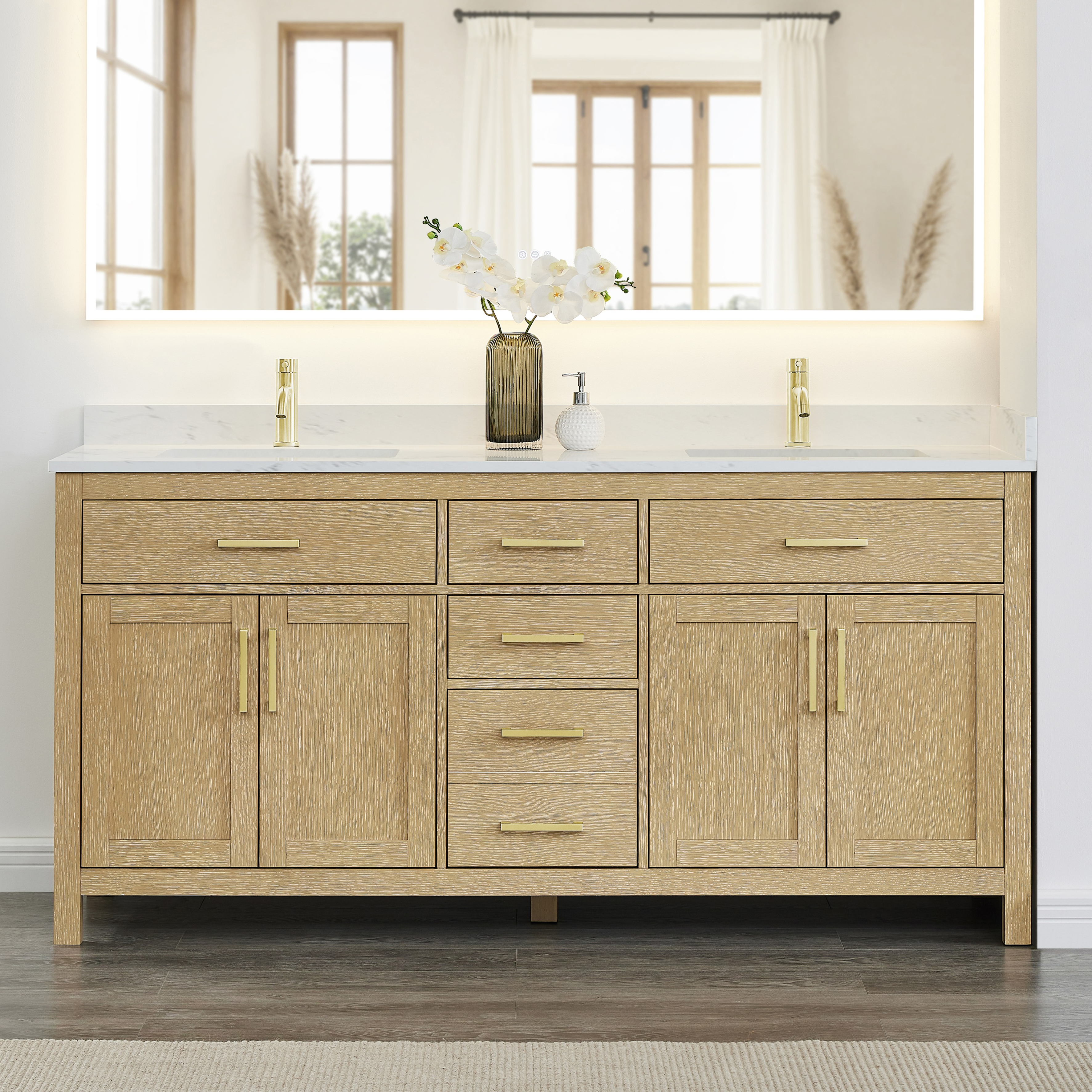 72 Inch Double Bathroom Vanity in Whitewashed Oak, Brushed Gold Trim with 3 Hardware Options and Countertop Options
