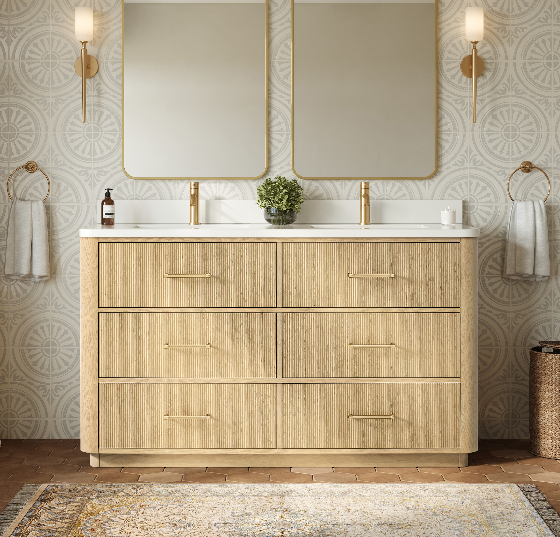 60" Double Bathroom Vanity in Scandinavian Oak, with Countertop Options and Hardware Option