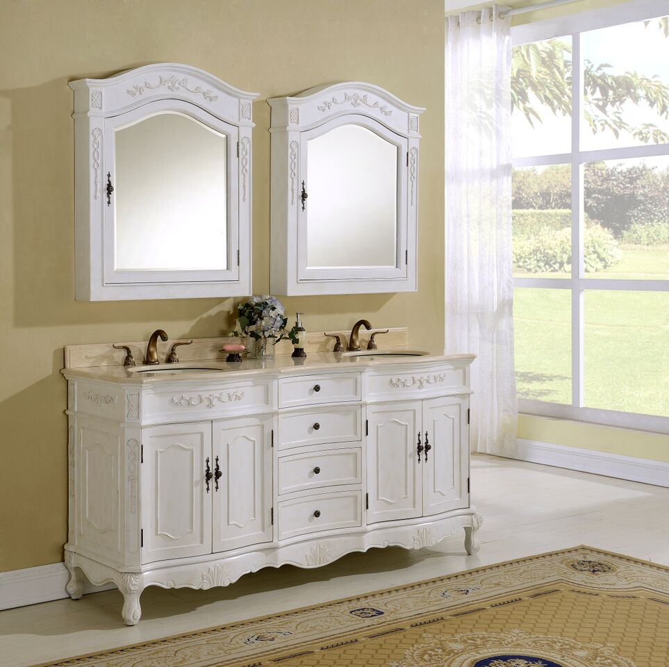 72" Antique White Vanity Finish with Mirror, Med Cab, and Linen Cabinet Options