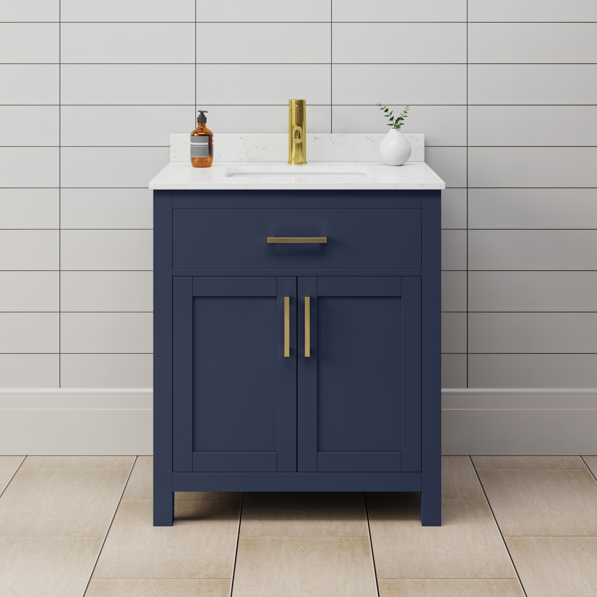 30 Inch Single Bathroom Vanity in Dark Blue with Color Option, Countertop, Undermount Sink, and Hardware Options