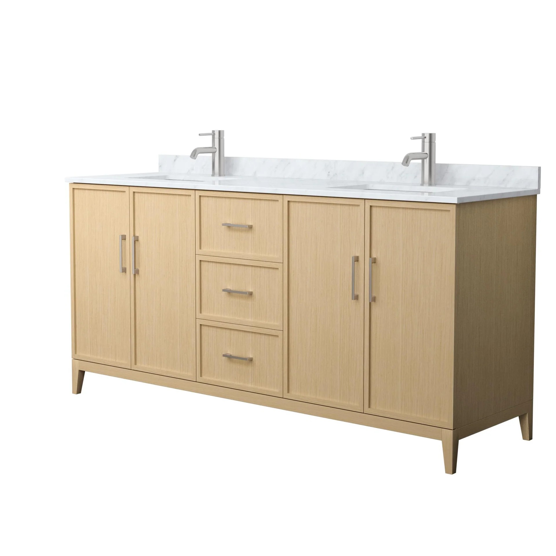 72" Transitional Double Vanity Base in White Oak, 7 Top Options with 2 Hardware Option