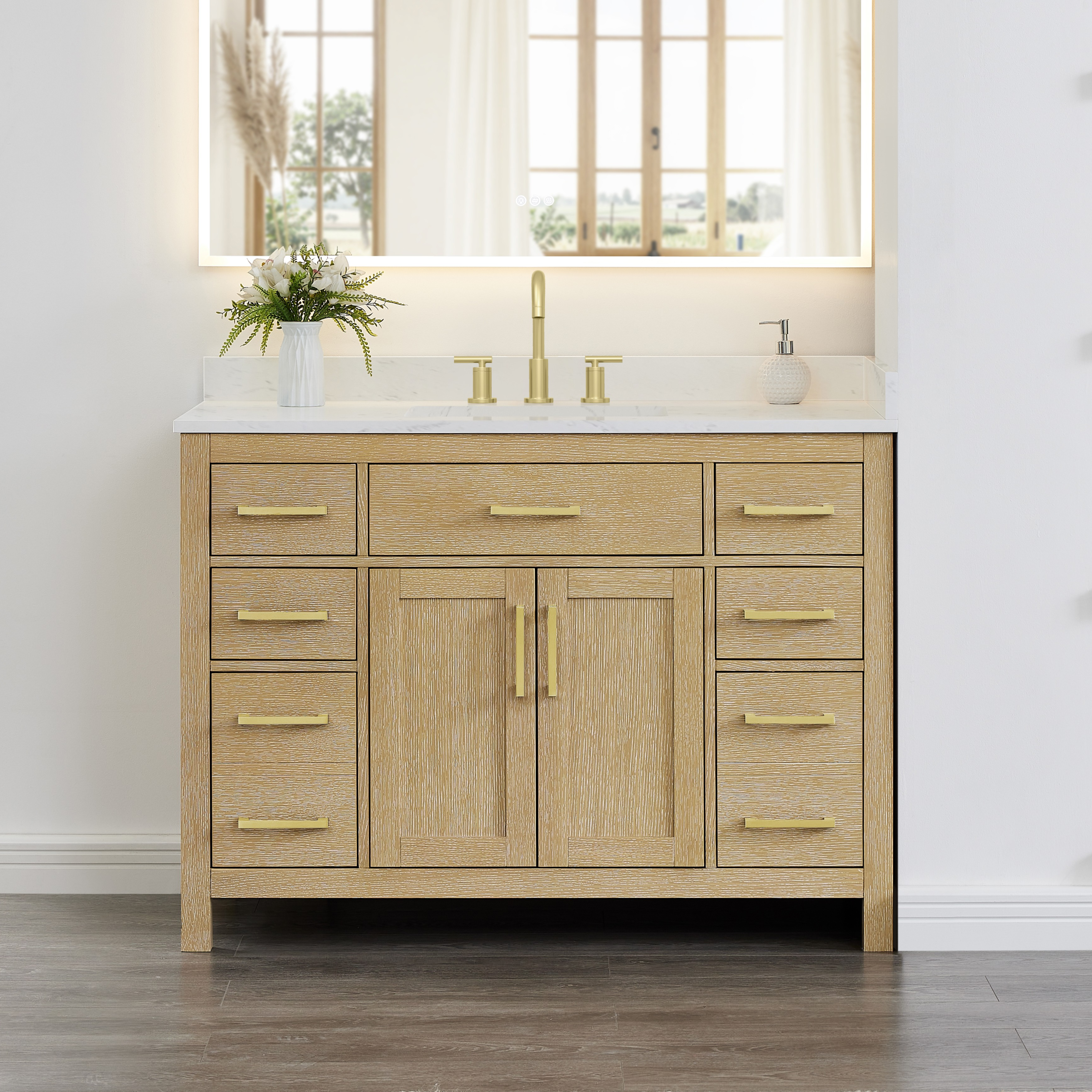 48 Inch Single Bathroom Vanity in Whitewashed Oak, Brushed Gold Trim with 3 Hardware Options and Countertop Options
